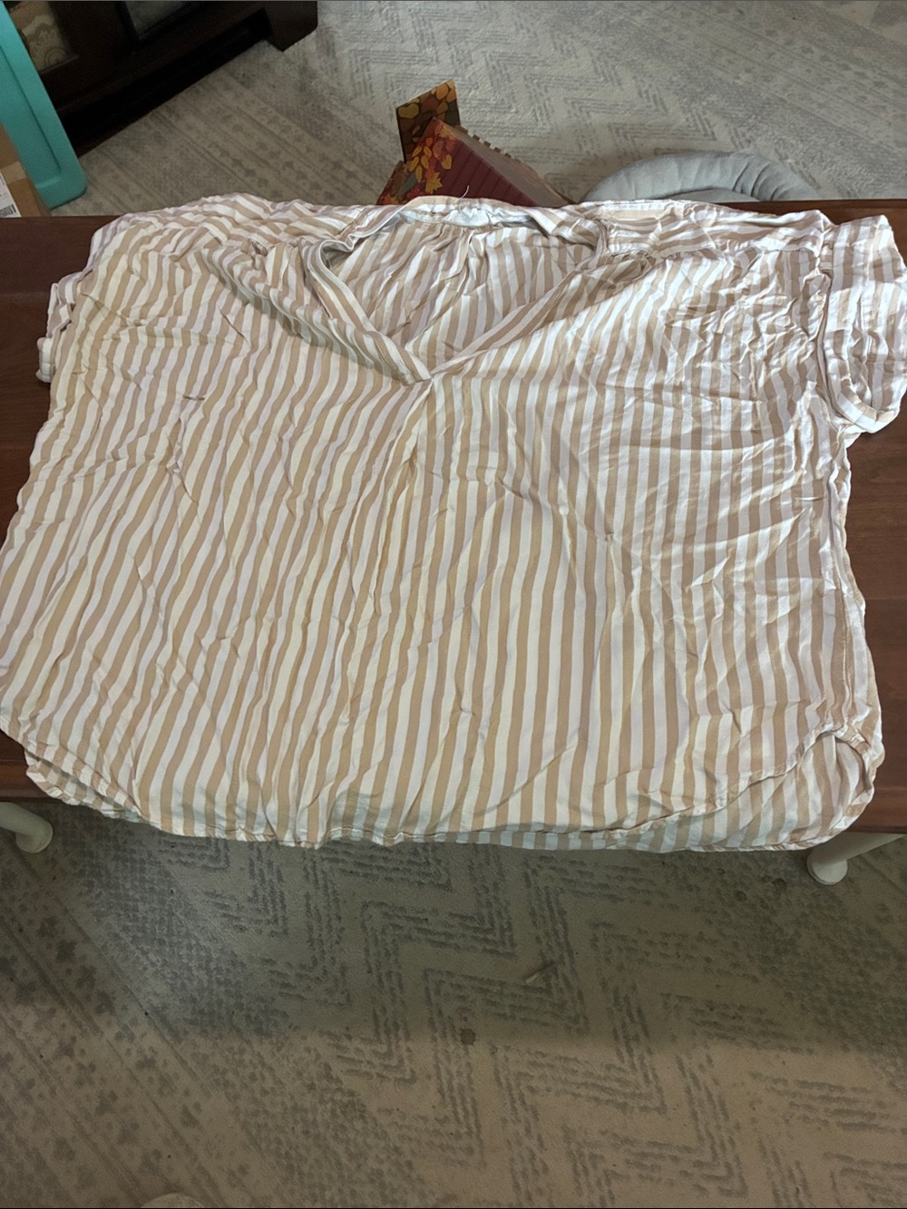 Workshop Republic Clothing White and Beige Striped V-Neck Short Sleeve Blouse